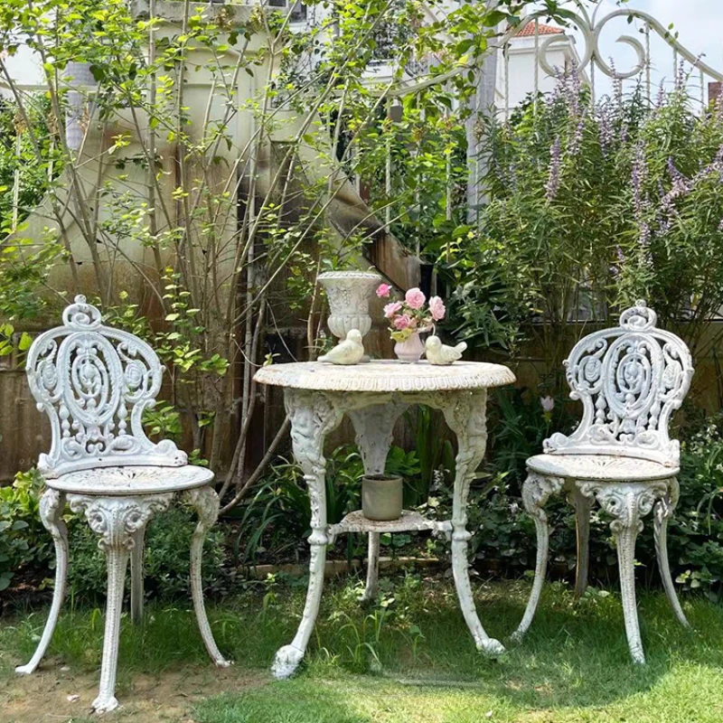 Cast Iron Old Garden Furniture Small Round Table & Single Chair Crown Single Chair