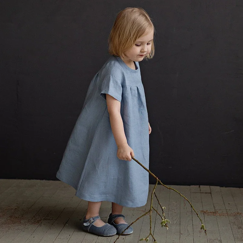 Summer Girls Round Neck Solid Color Pleated Cotton And Linen Dress New Loose Short-Sleeve Children\'s Dresses，TZ31