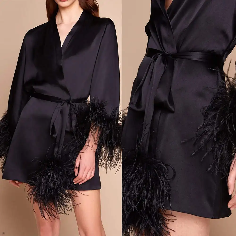 Women Feather Bathrobe V Neck Long Sleeve Mini Pregnant Party Sleepwear Ruffles Split  Sashes Robe Evening Dresses