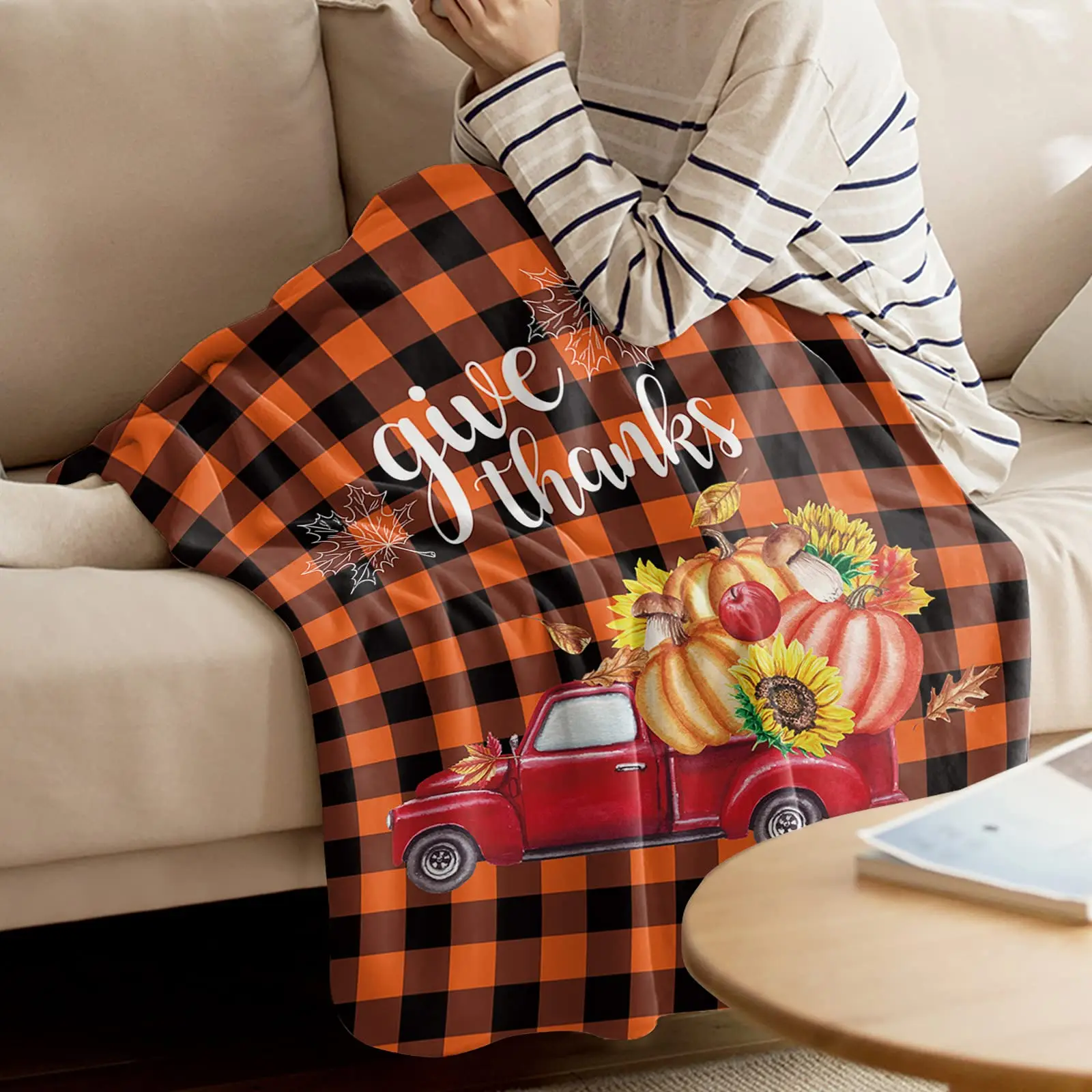 HX Thanksgiving Blankets Red Truck Pumpkin Plaid 3D Printed Throw Blanket for Bed Cozy Travel Portable Quilts Gifts Dropshipping