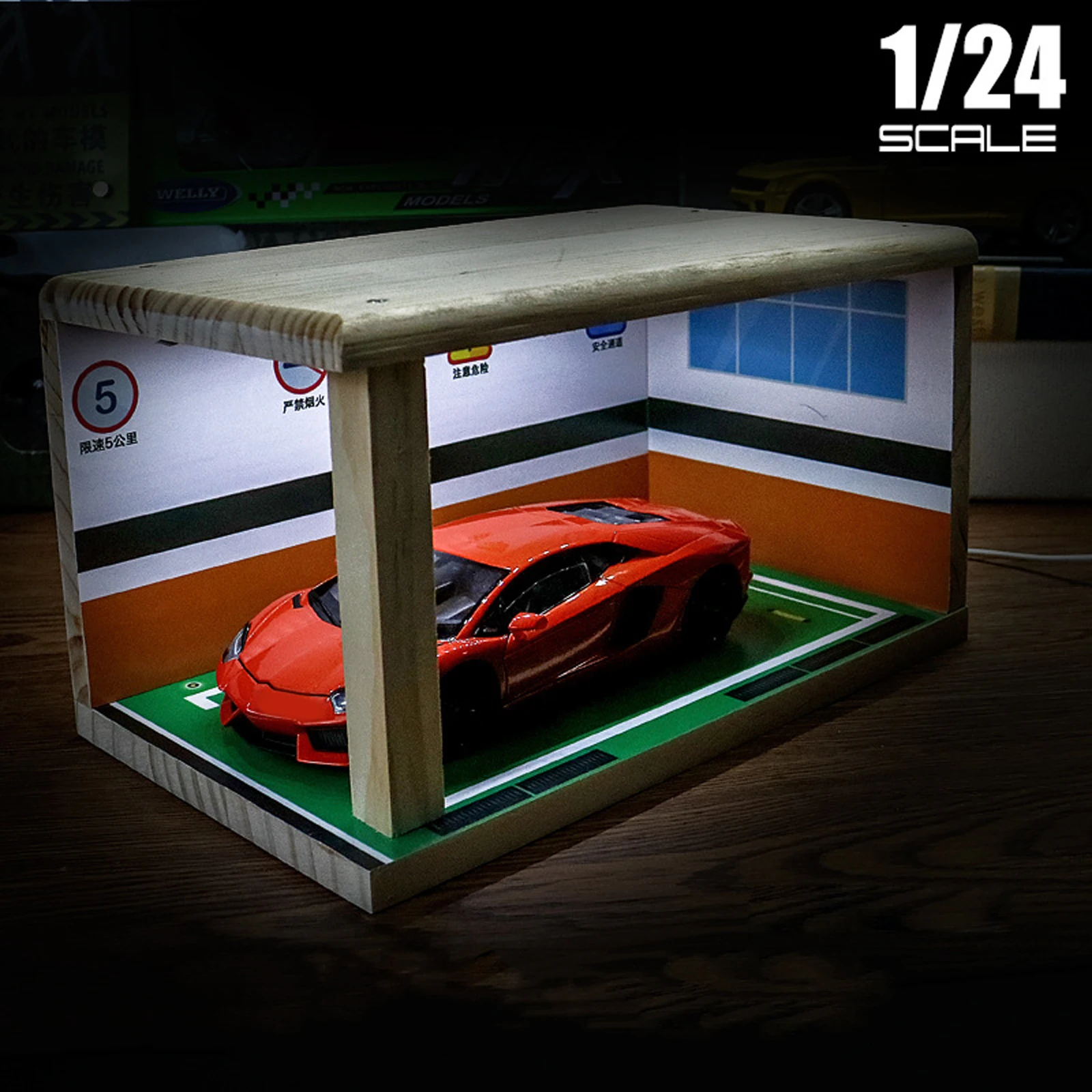 1/24 Parking Lot Display Case Container Protective Collectibles Wooden Scenery Desktop Decor Display Stand for Alloy Car Toy