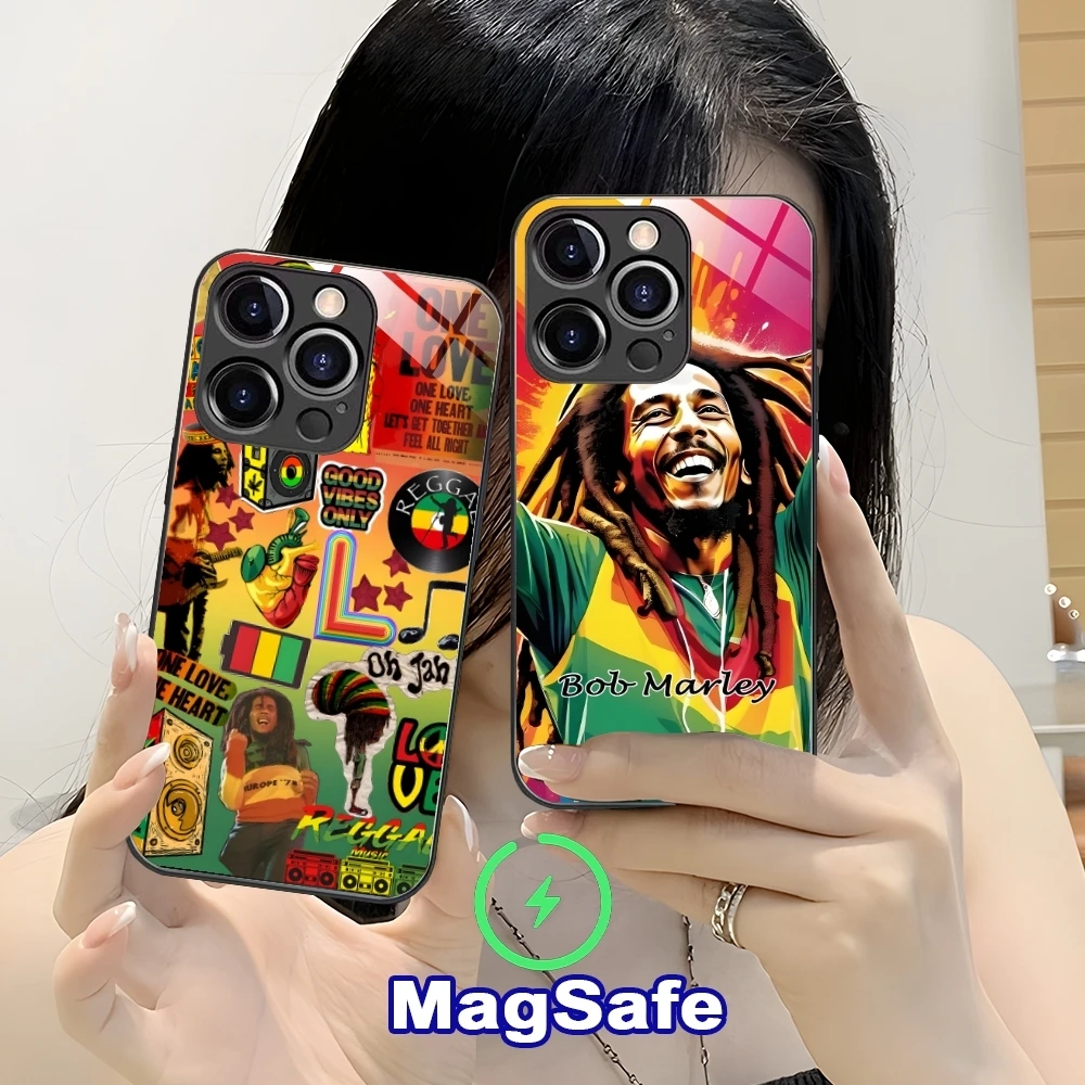 Reggae Bob Marley Mobile Cell Phone Case for iPhone 16 15 14 13 12 11 Pro Max Plus Mini MagSafe Wireless Charging Glass Cover