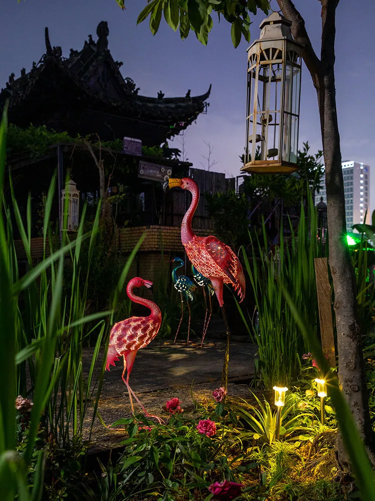 Solar Energy Outdoor Decorations For Garden Yard Flamingo Iron Art Ornaments Country House Gardening Lamp Landscape Terrace Deco