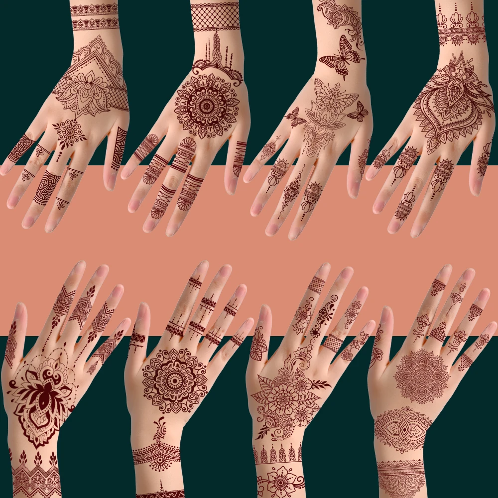 1Sheet European&American Popular Henna Tattoo Stickers India Mehndi Design Vermilion Lace Flower Temporary Fake Tattoos for Hand