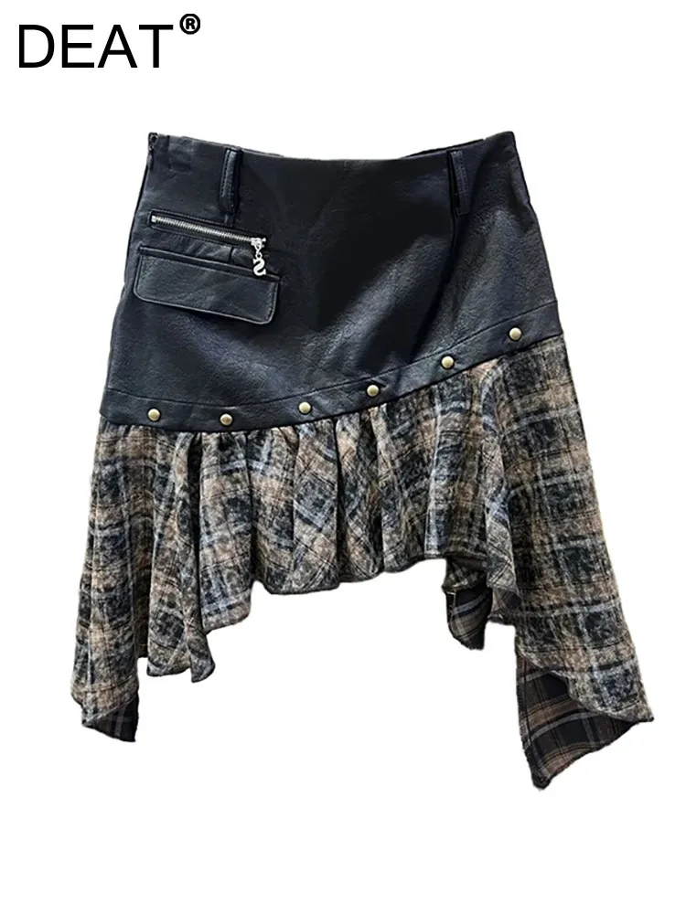 

DEAT Women's Denim Skirt High Waist Patchwork Irregular Pu Leather Plaid Printed Short Skirts 2024 Autumn New Fashion 29L8003