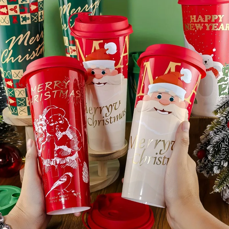 25 قطعة أكواب القهوة القابل للتصرف لعيد الميلاد مع غطاء 22 أوقية فقاعة كوب شاي بالحليب مانعة للتسرب المشروبات الساخنة/الباردة قابلة لإعادة الاستخدام كوب حفلة عيد الميلاد