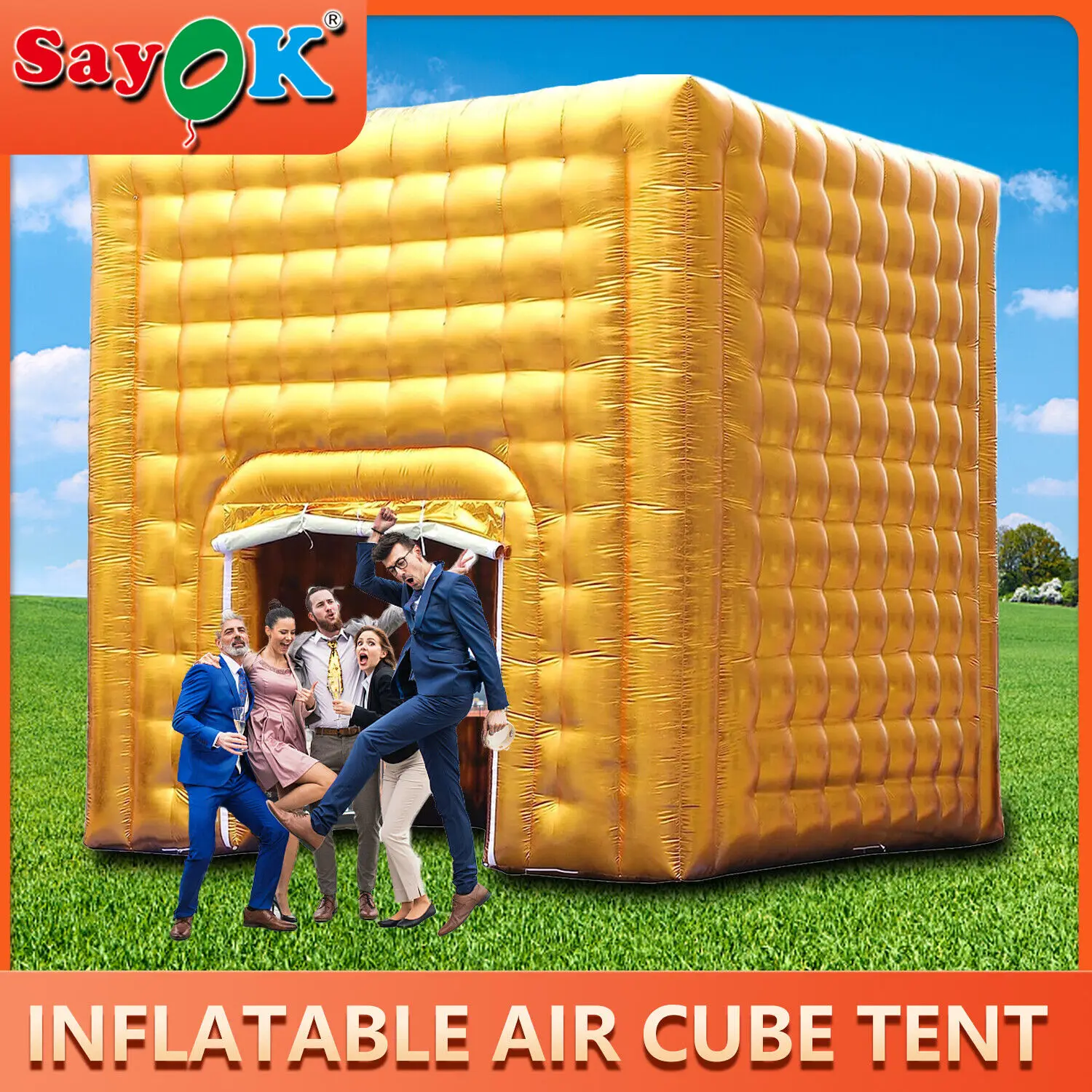 

SAYOK Gold Inflatable Cube Photo Booth Old-fashioned Inflatable Photo Booth Enclosure Tent for Night Club Party Event Promotion