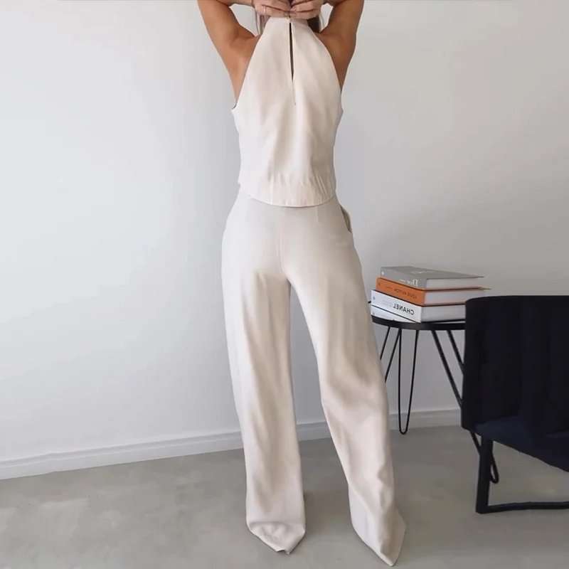 Wefads Women Two Piece Set Summer Casual Fashion Solid Sleeveless Round Neck Hollow Out Tank Top Loose Pants Set No Waist Chain