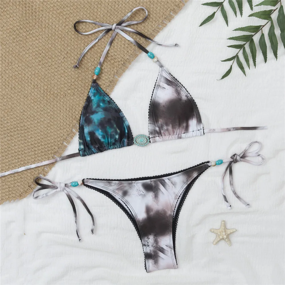 

Triangle Halter Bead String Micro Bikini Thong Set Vintage Tie Dye Print Swimwear Sexy Swimsuit Women 2026 Bathing Suit Bikinis