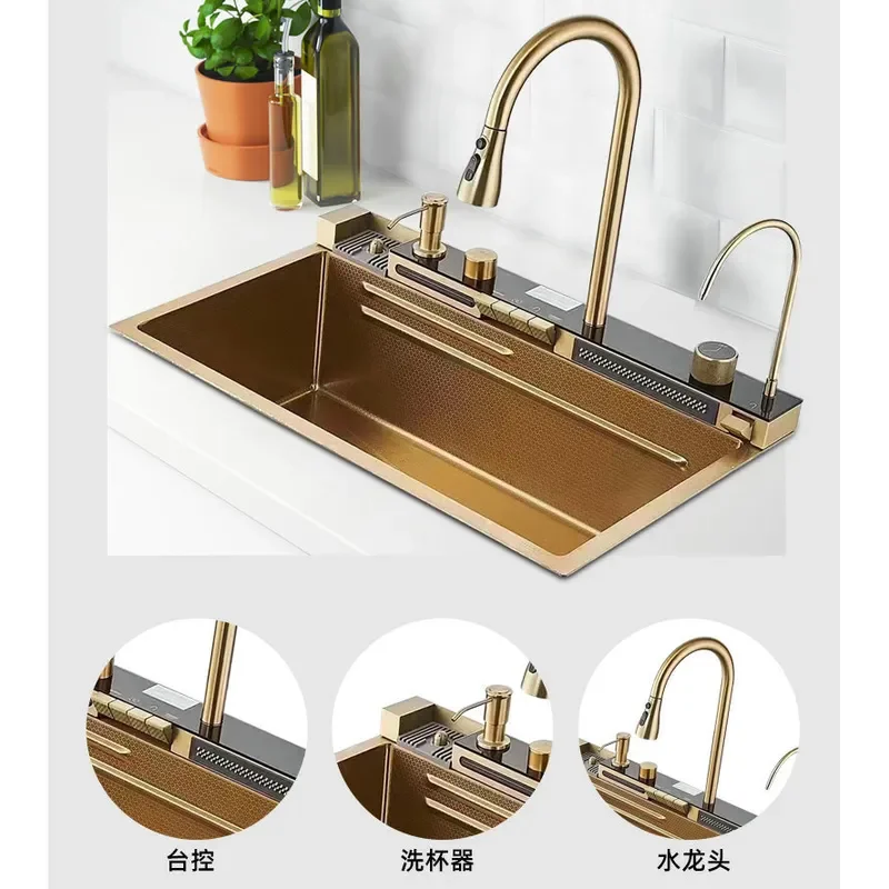 for Golden Whale 304 Stainless Steel Sink Set Large Single Slot with Intelligent Digital Display Ambient Light Kitchen