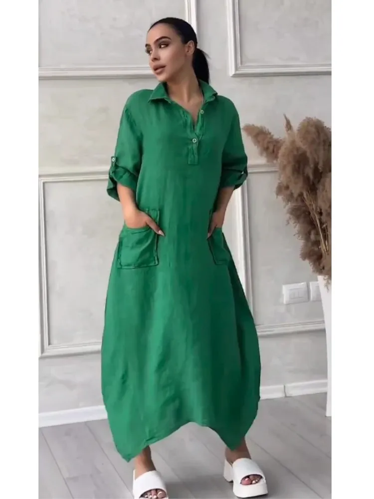 Luźna koszula na co dzień Sukienki dla kobiet Modna długa sukienka z klapami i kieszeniami Wiosna Jesień Sukienka z pełnym rękawem Vintage Kobiece Vestidos