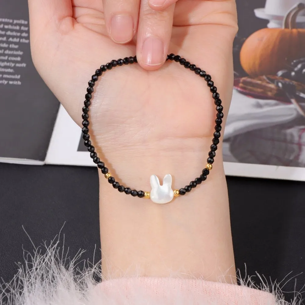 Natural Stone 4mm Black Spinel Beaded Bracelet for Women Shell Cat Head Rabbit Head Pearl Fresh Korean Style Jewelry
