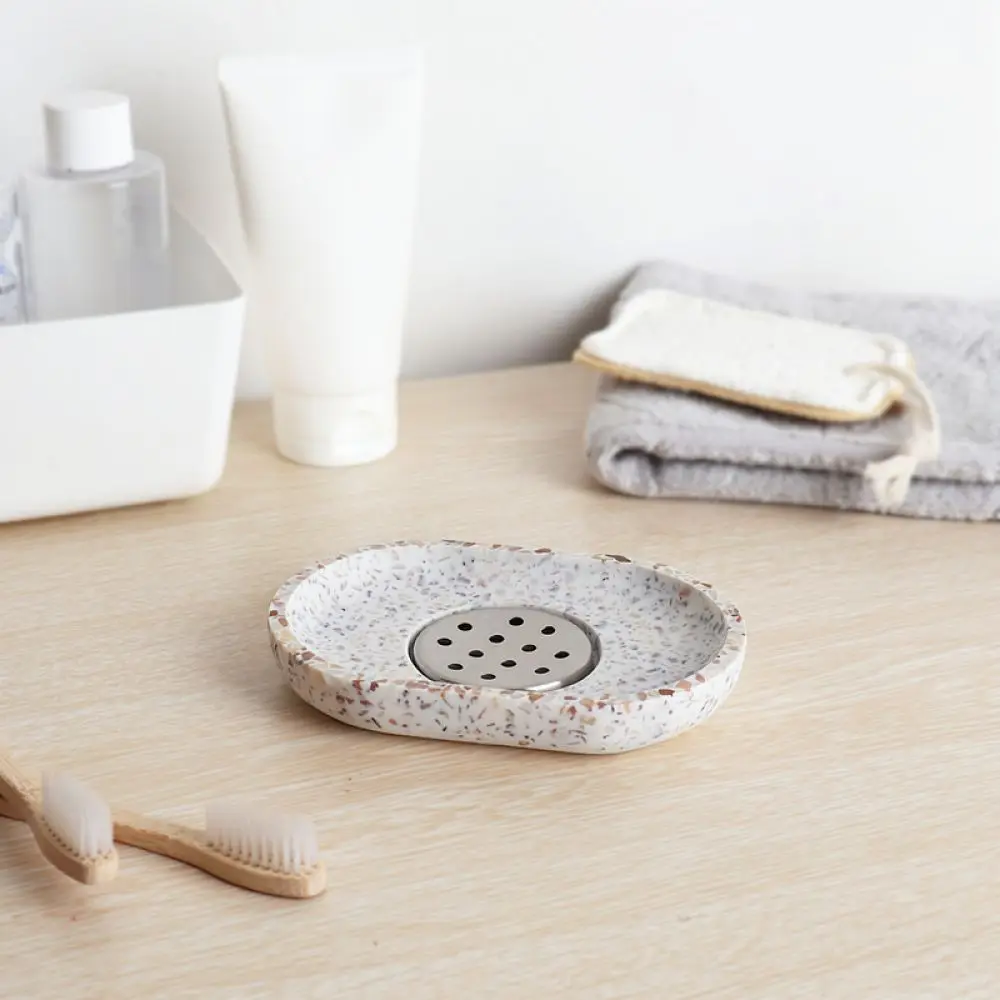 Oval Terrazzo Soap Holder Durable Bathroom Soap Tray Draining Soap Dish Organizer For Kitchen Sink Countertop Decor