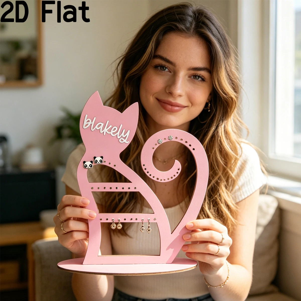 Custom Mischievous cat Wood Acrylic Earring Holder: Wooden Jewelry Organizer,Birthday Wedding Party Decor Gifts for Home friend view 2