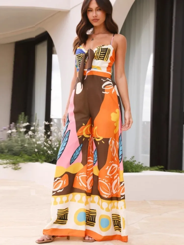 Nice Summer New Women Print Spaghetti Strap Jumpsuits Sexy Hollow Out Leace-up High Waist Wide Legs Bohemian Elegant Jumpsuit