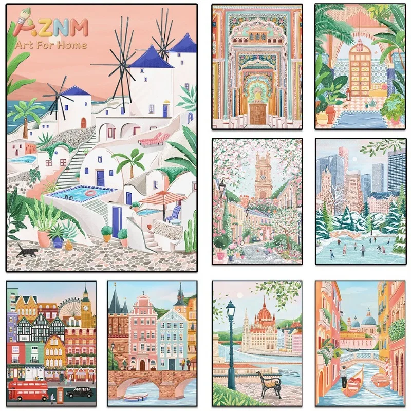 AZNM Colorful World City Landscape Canvas Wall Art Santorini London Venice Marrakech Scenery Print Unframed Canvas Painting For