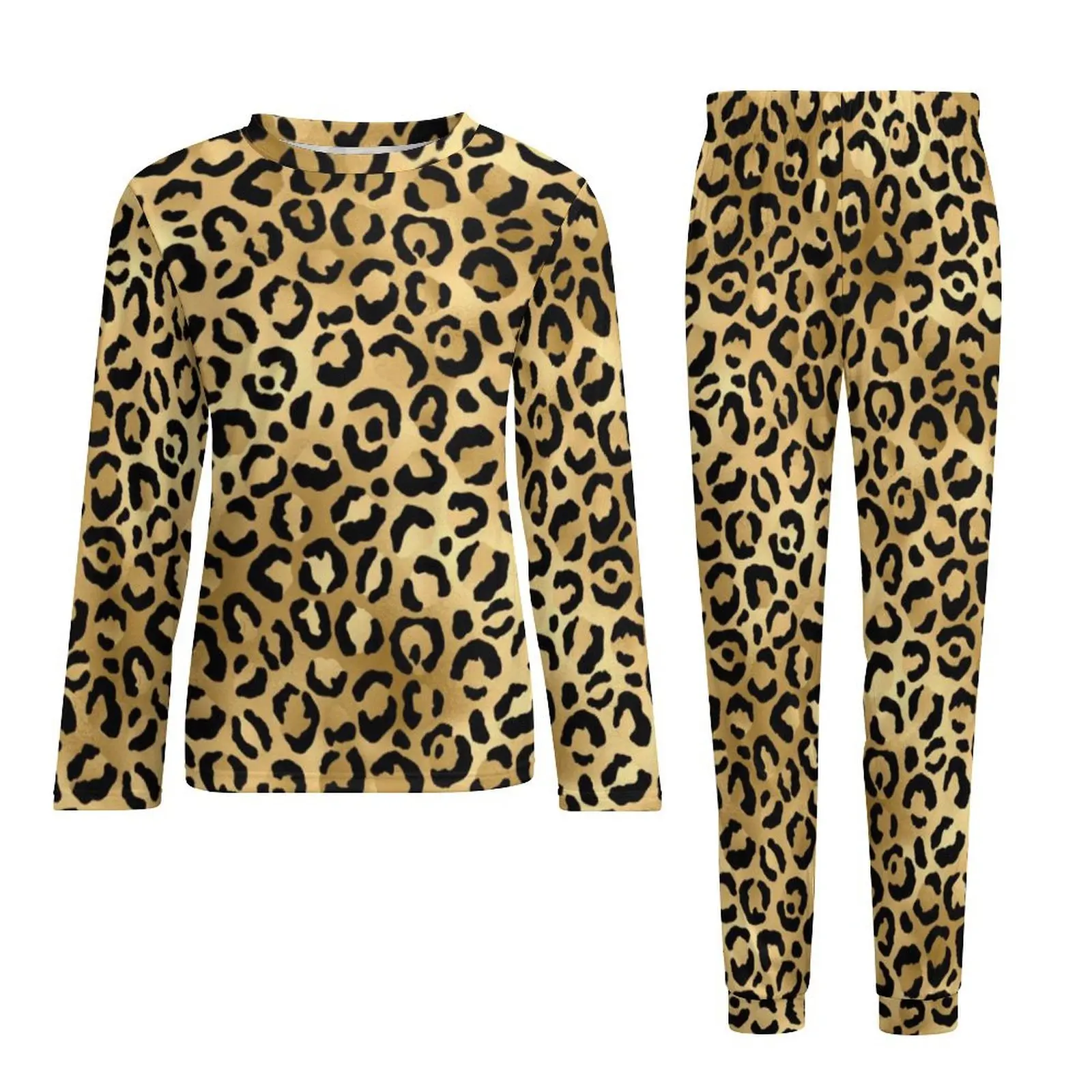 Pijamas con estampado de leopardo de oro negro, traje para casa de ocio con animales de guepardo de otoño, conjuntos de pijamas de dos piezas de manga larga para hombre, encantadores conjuntos de pijamas de gran tamaño