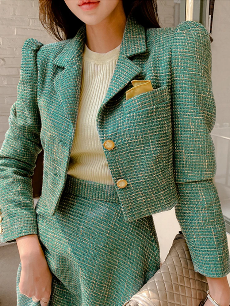 Fashion Women Office Outfit Stripe Vintage Lady Single Breasted Short Blazer Coat Suit Jacket High Waist Midi Skirt 2 Piece Sets