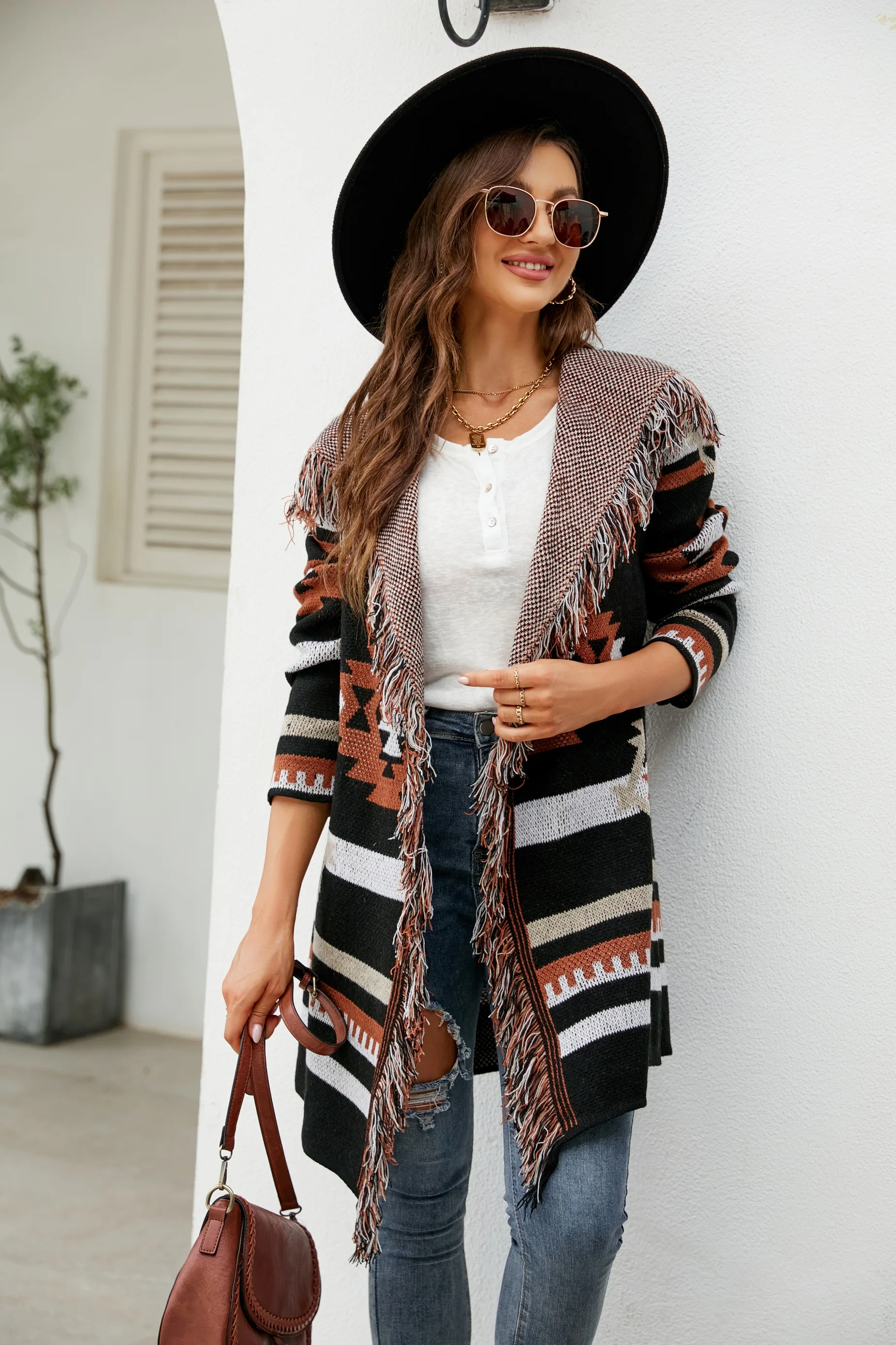 

2023 Autumn/Winter Women's Clothing New Hooded Tassel Geometric Jacquard Loose Knitted Coat Acrylic Casual Long Cardigan Sweater