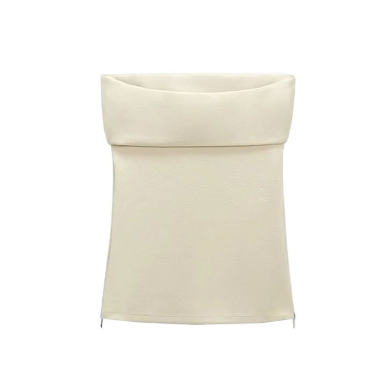 Printemps été nouveau Sle oulder Bared col droit tricoté tissu fermeture éclair haut Gluechiffon Svel régulier couleur Pure