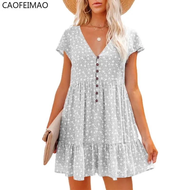 2023 Caofeimaoผู้หญิงหลวมVINTAGEแฟชั่นRuffles Befreeชุดลูกไม้ขนาดใหญ่เซ็กซี่ฤดูร้อนBoho Casual PARTY Elegant Dresses