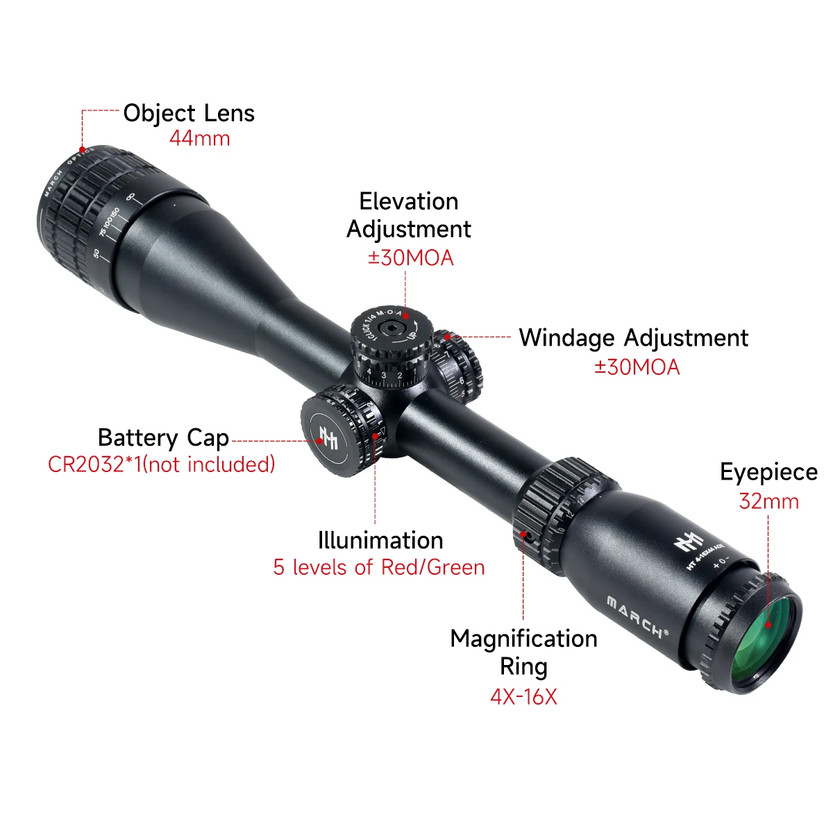 MARCH HT 4-16X44AOE Tactical Scope Reticle RGB Illuminated Reflex Airsoft Sight Optical Hunting Riflescope 11mm/20mm Rail Mount - view 4
