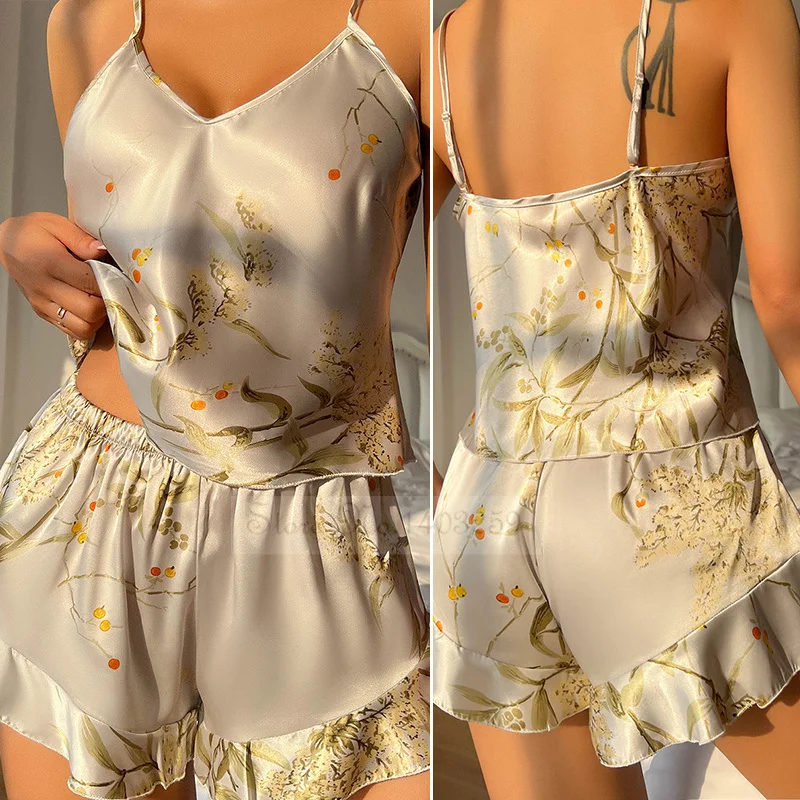 Female Suspender Pajamas Set Sexy Pijamas Suit Intimate Lingerie Print Flower Nightwear Cami Shorts Loungewear Satin Homewear