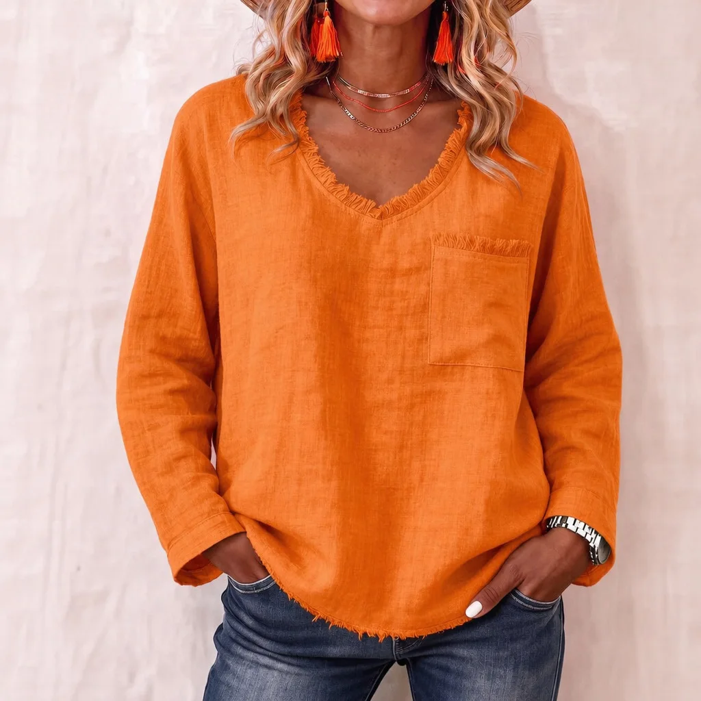 Spring Autumn Women's New Loose V-neck Fringed Long Sleeve Solid Color Casual Base Shirt Top
