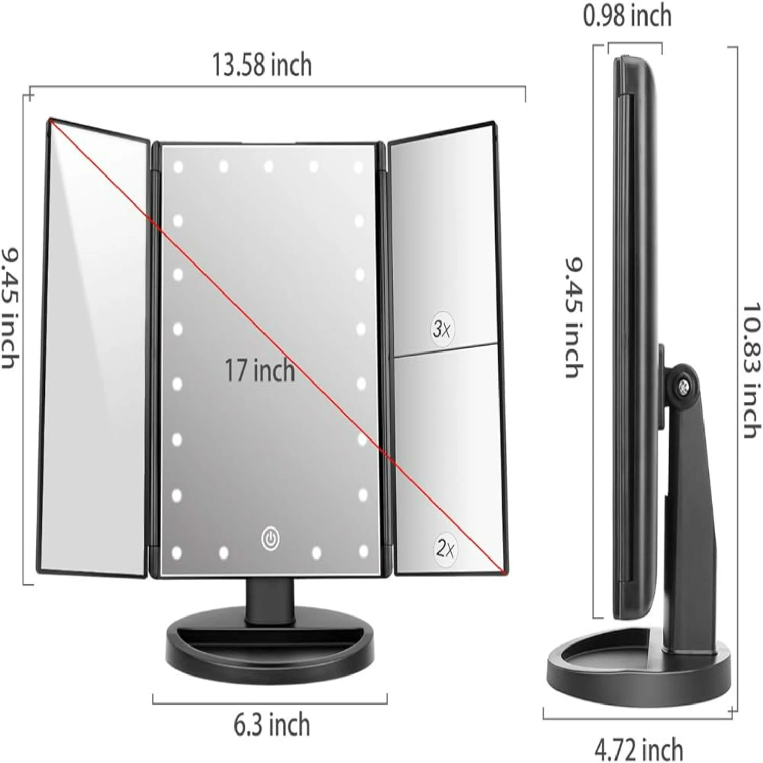 Espejo de tocador triple portátil con pantalla táctil, 21 luces LED, aumento 3X/2X/1X – Espejo de maquillaje compacto para viajes