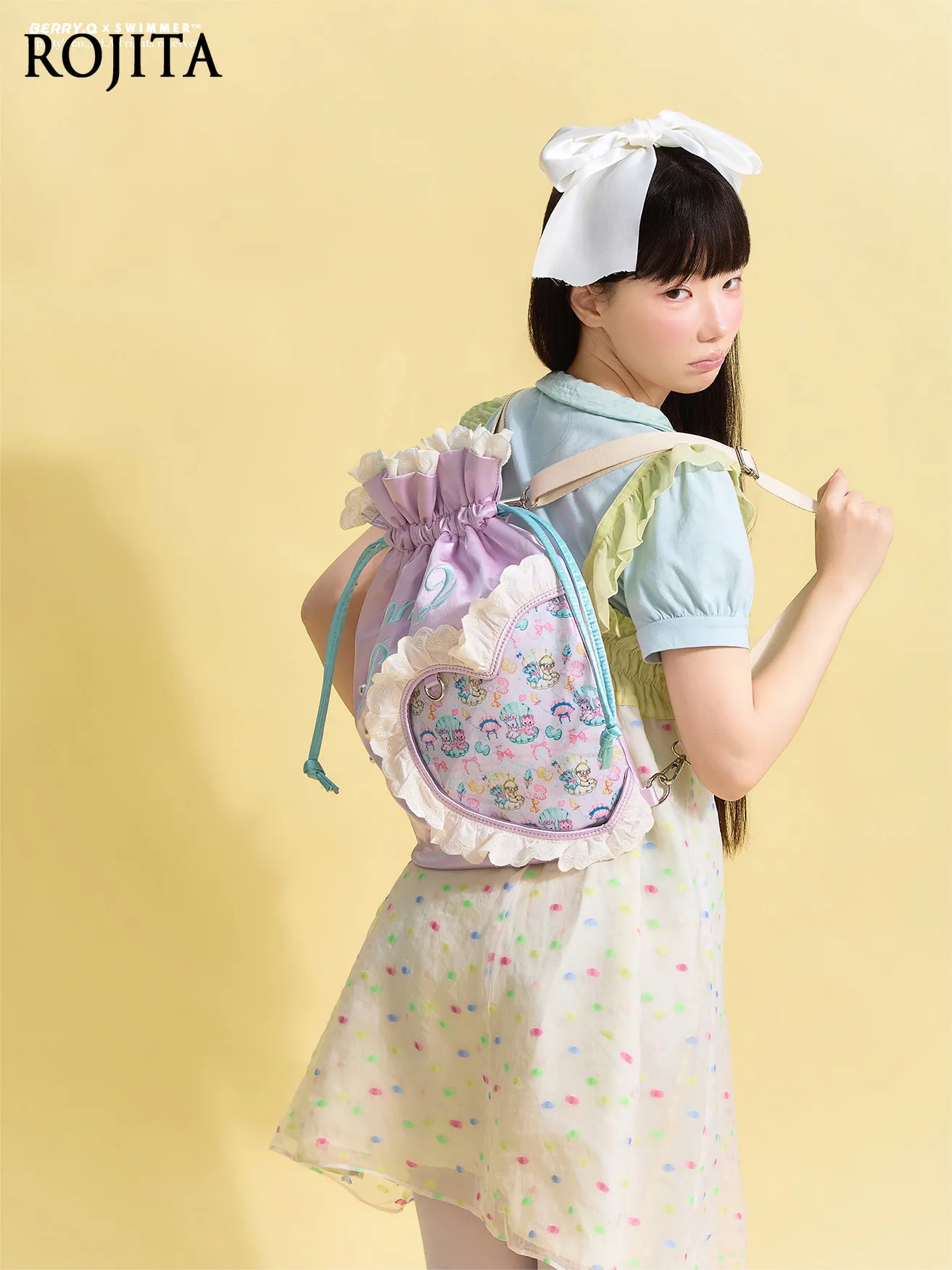 Drawstring Pain Bag Double Shoulder Satin Embroidery Large Capacity Lightweight Lolita Girl Cute Japanese Style Drawstring Bag