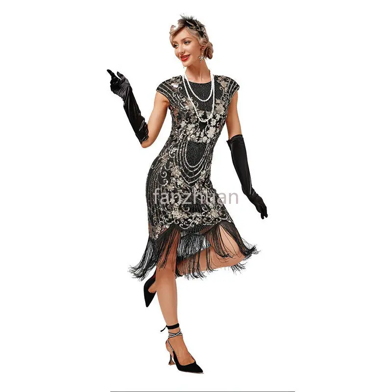 

New Women 1920s Vintage Great Gatsby Dress Double O-Neck Sleeveless Beaded Sequin Tassel Dress Art Deco Flapper Dress For Party