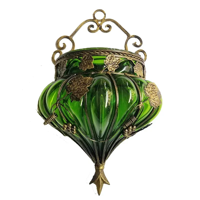 American retro wrought iron wall decoration, wall hanging artificially blown glass vase, wall hanging decoration green, hydropon