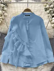 ZANZEA Womens Elegant Blouse Autumn Long Sleeve Shirts Fashion Stand Collar Tunics 2024 Casual Loose Solid Ruffle Stitching Tops