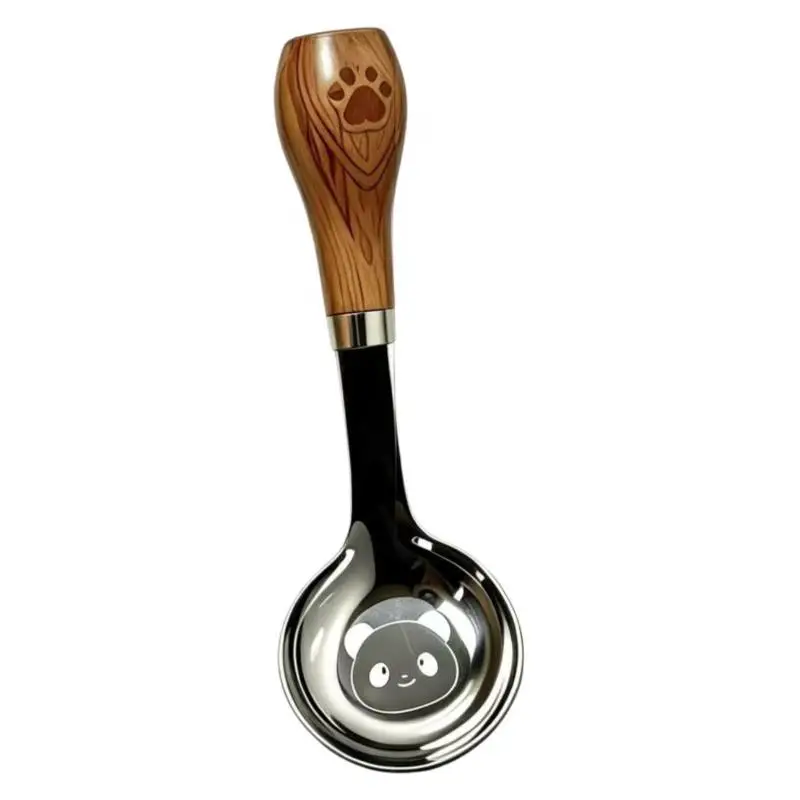 Stainless Steel Short Handle Soup Spoon Cute Panda Pattern Non Slip Wood Grain Handle For Kids Toddlers Daily Use