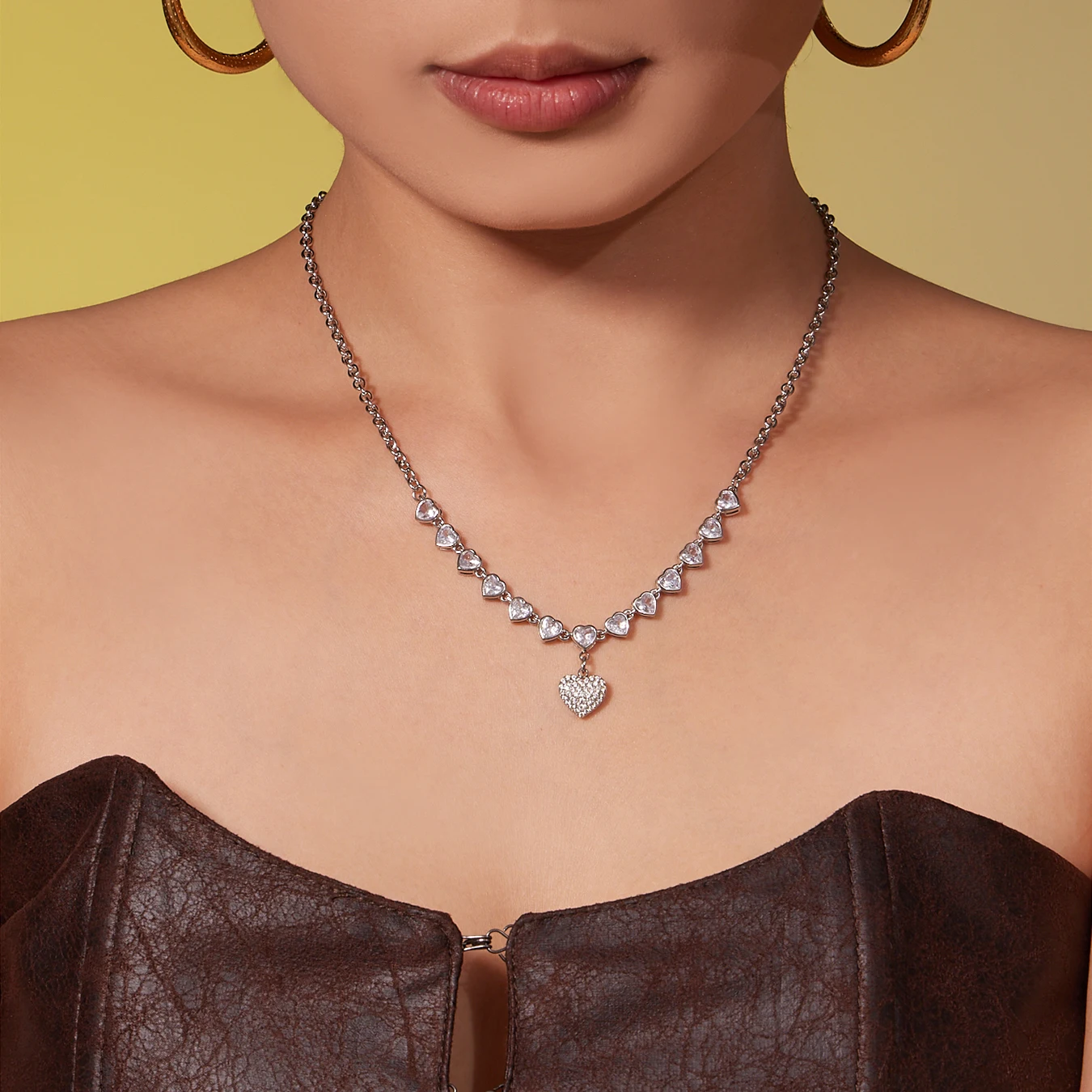 Goldene Silber Edelstahl Kette Halskette frauen Vergoldet Glänzenden Zirkon Herz Anhänger Halskette Femme Wasserdicht Schmuck – Detail 6