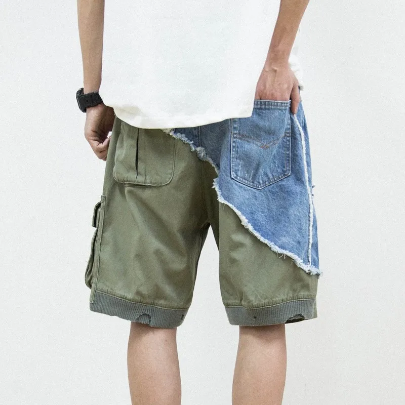 Old Ripped Workwear Fifth Pants Stitching Men's Overalls