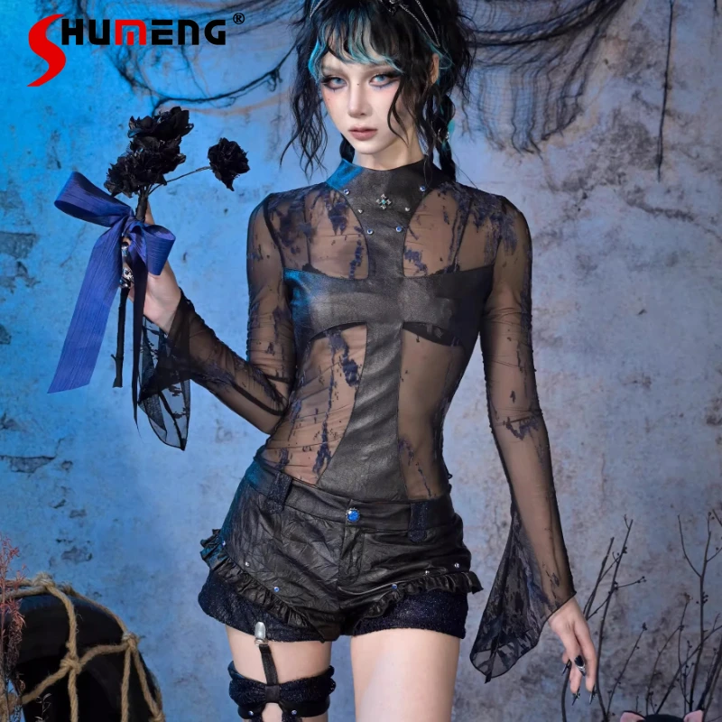 

Japanese Lolita Original Design Long Sleeved Round Neck Bottoming Shirt T-shirt Y2K Bell Sleeves Slimming Top Pullover T Shirts