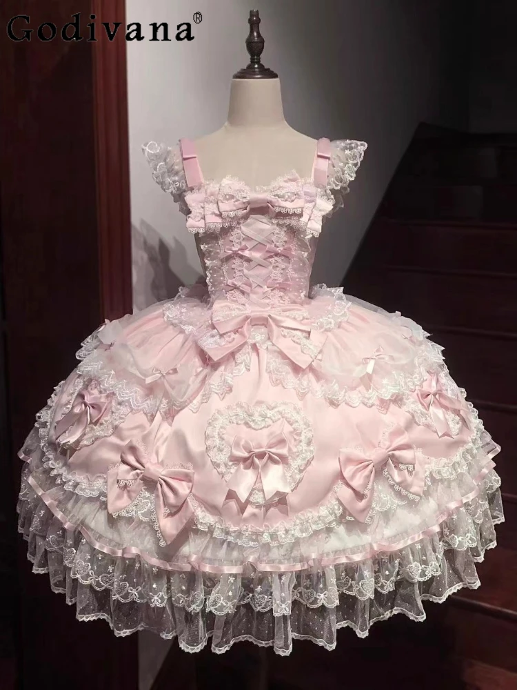 

Original Japanese Sweet Lolita Pink Dresses JSK Girl's Woman's Slim Fit Bow Lace Birthday Party Sling Dress Y2k Princess Dress