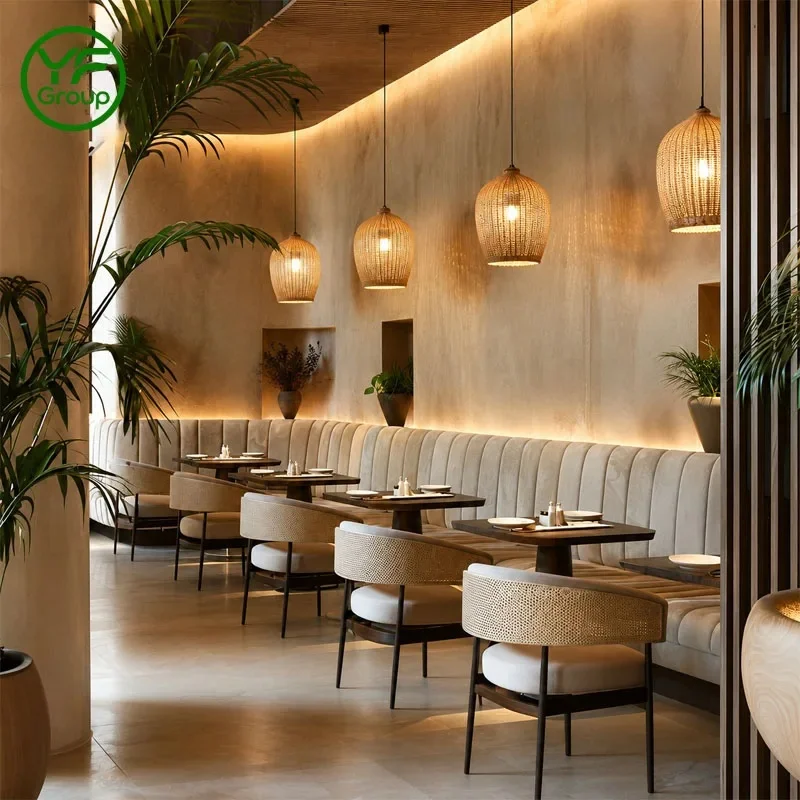Wholesale Custom Luxury Restaurant Furniture Banquette Leather Wood Booth Seating Table Rattan Chair Sets for bar Diner