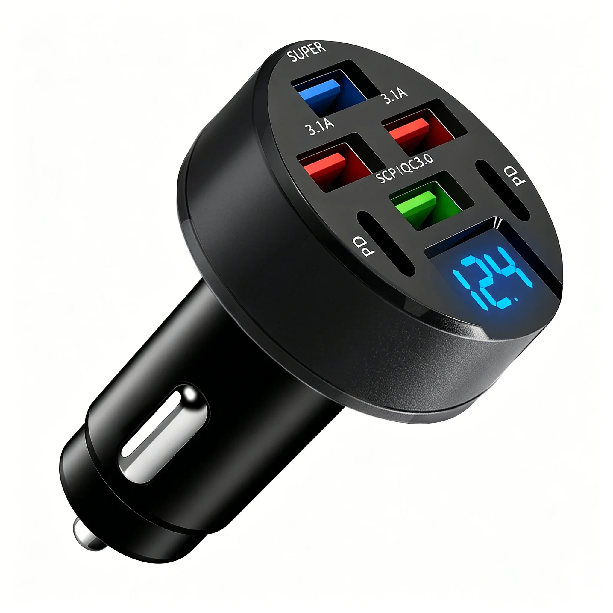 100W 6 Port Car Charger 4 USB-A 2 USB-C Ports with LED Digital Voltage Display QC3.0 SCP PD Fast Charging Adapter for iPhone