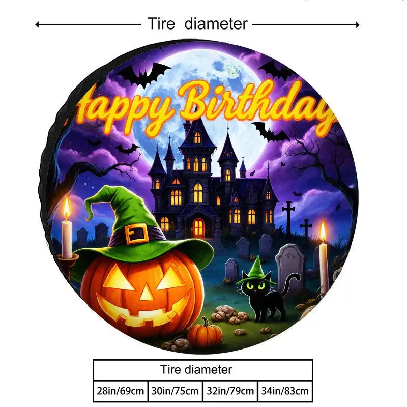 Halloween-Themed Tire Covers Featuring Witches, Jack-O'-Lanterns, Black Cats, And Castles Under A Moonlit Sky, Made Of Polyester