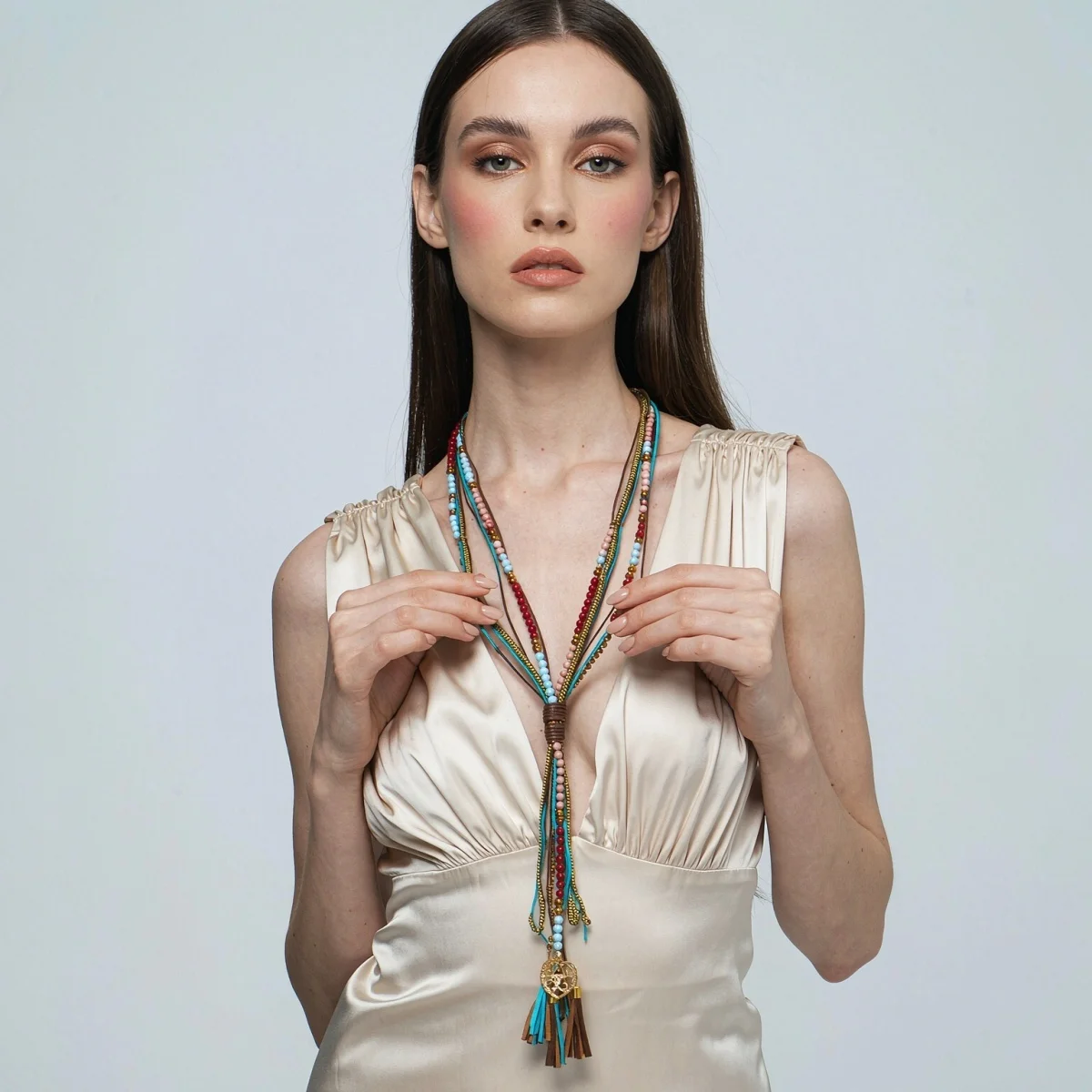 Boho Mehrschichtige Kristall-Langketten-Halskette für Damen und Herren Vintage Ethnische Bunte Perlen-Seilkette Quasten-Choker Reiseschmuck – Detail 5