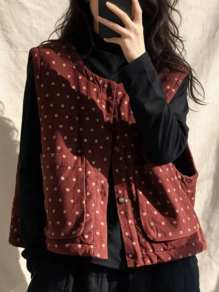 Polka Dot Cotton Vest Women's Short Sleeveless Jacket Casual Style Home Wear Thickened Warm round Neck Button up Top