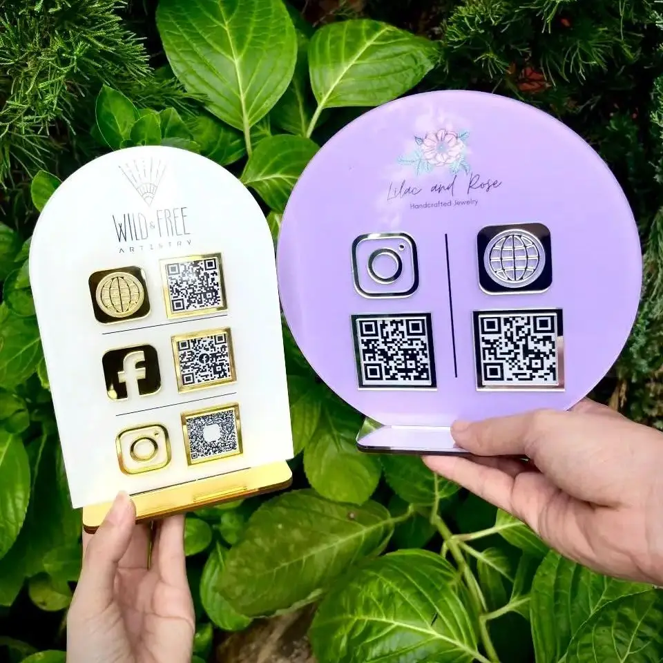 Personalized QR Code Stand Plaque Multi Shape Acrylic Business Sign Custom Logo Wifi Instagram Google Review QR Counter Decor