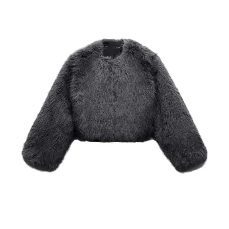 Autumn and Winter High-waisted Short Imitation Fur Jacket Women Versatile Light Luxury Round Neck Top