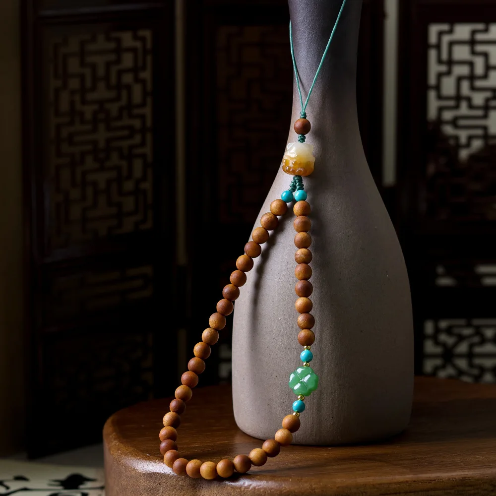 Handcrafted Sandalwood Pendant Cultured Bead Bracelet Bodhi Root Nine-Tailed Fox Wrist Phone Strap Bag Charm