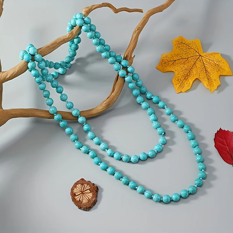 Bohemia Turquoise Long Necklace Simple Beaded Neck Chain Stylish Ladies Jewelry Accessories