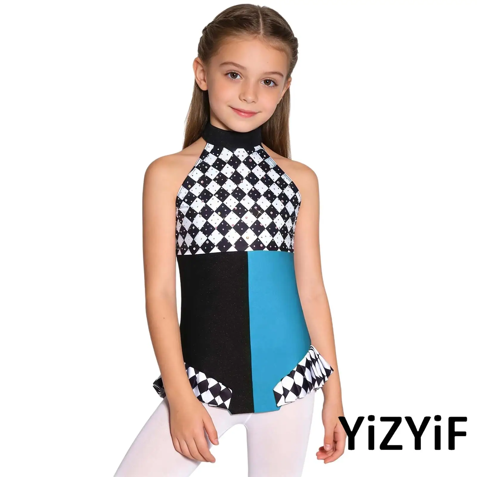 

Kids Girl Clown Cosplay Costume Sparkly Rhinestones Halter Sleeveless Plaid Pattern Leotard Bodysuit Ballet Gymnastics Dancewear