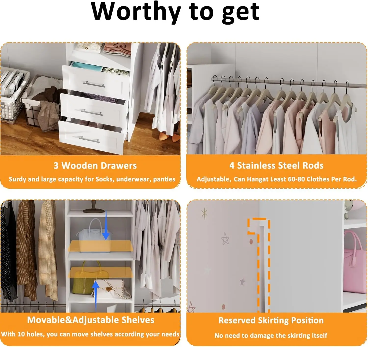 Closet System, 5Ft-8Ft Closet Organizer System With 4 Expandable Hanging Rods And Moveable Shelves, 99"" Walk In Closet System