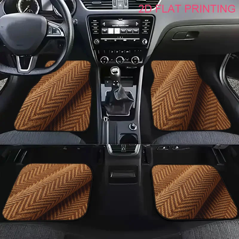2D 4pcs Car Floor Mats Full Set Car Floor Mats Classic Herringbone Pattern Brown Autumn Seasonal Protection For Vehicle Interior